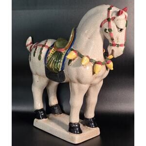 Chinese T'ang Style Crackleware Porcelain Horse Figure, H: 13 1/4" Asian Ceramic